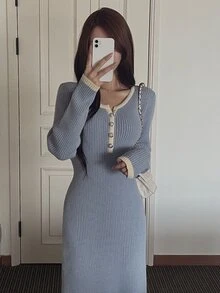 DAZY 對比色滾邊修身貼身長洋裝，長袖圓領休閒度假韓風秋冬加厚針織毛衣洋裝女款 - 藍色 - 查看 7