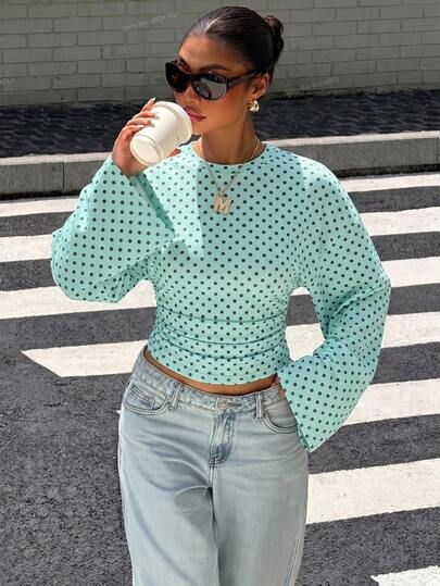 Muchica Camiseta de manga larga ajustada con mangas de murciélago gris, nueva para otoño, elegante y casual, top básico de moda para primavera, verano, otoño e invierno, adecuada para salidas y fiestas, camiseta de lunares, atuendo casual para mujer, estilo Y2K, top de otoño, adecuada para el desplazamiento diario, reuniones, verano, Navidad, Año Nuevo, Acción de Gracias, fiestas, bodas, playa, salidas