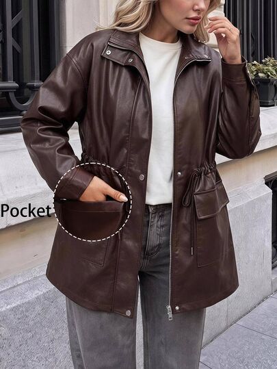 SHEIN Clasi Plus Size Women's Elegant Winter Trench Coat With Belt, Pockets, Stand Collar, Long Sleeves, Waist-Cinching Design, Single-Breasted