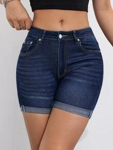 SHEIN PETITE شورت جينز نسائي صيفي كاجوال بأطراف مطوية - أزرق داكن - مشاهدة 6