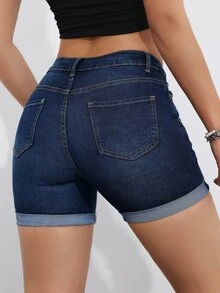 SHEIN PETITE شورت جينز نسائي صيفي كاجوال بأطراف مطوية - أزرق داكن - مشاهدة 3