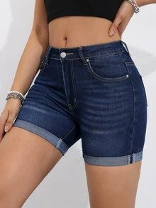 SHEIN PETITE شورت جينز نسائي صيفي كاجوال بأطراف مطوية - أزرق داكن - مشاهدة 5