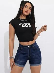 SHEIN PETITE شورت جينز نسائي صيفي كاجوال بأطراف مطوية - أزرق داكن - مشاهدة 2