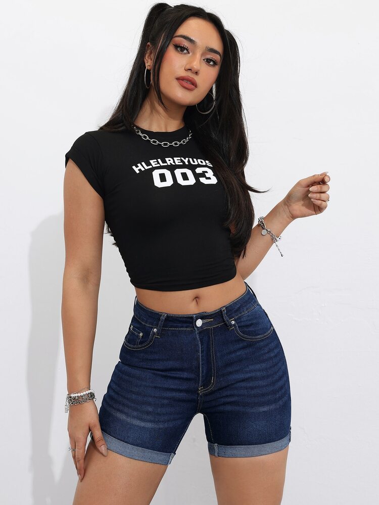 SHEIN PETITE Women's Summer Casual Cuffed Denim Shorts - Dark Wash - View 1