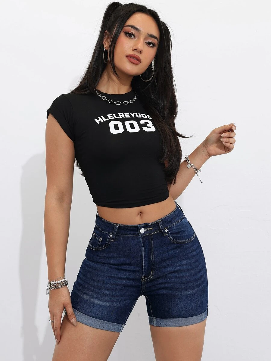 SHEIN PETITE Women's Summer Casual Cuffed Denim Shorts - Dark Wash - View 1