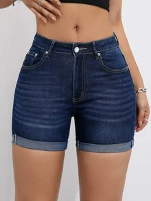 SHEIN PETITE شورت جينز نسائي صيفي كاجوال بأطراف مطوية - أزرق داكن - مشاهدة 4