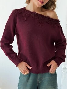 Aloruh Women Sweaters Autumn Winter Fall Clothes Going Out Everyday Date Tops Outfits Burgundy Casual Elegant - Burgundy - View 12