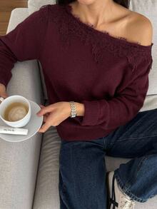 Aloruh Women Sweaters Autumn Winter Fall Clothes Going Out Everyday Date Tops Outfits Burgundy Casual Elegant - Burgundy - View 9