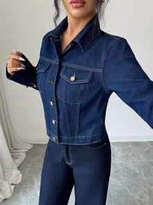 Elenzga Jaket Denim Kasual Wanita Lengan Panjang Kancing Tunggal - Dark Wash - View 6