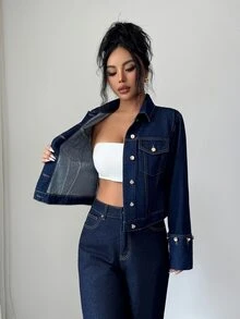 Elenzga Jaket Denim Kasual Wanita Lengan Panjang Kancing Tunggal - Dark Wash - View 5