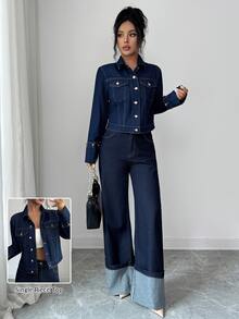 Elenzga Jaket Denim Kasual Wanita Lengan Panjang Kancing Tunggal - Dark Wash - View 3