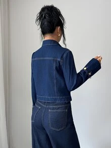Elenzga Jaket Denim Kasual Wanita Lengan Panjang Kancing Tunggal - Dark Wash - View 2