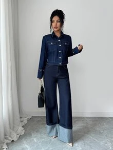 Elenzga Jaket Denim Kasual Wanita Lengan Panjang Kancing Tunggal - Dark Wash - View 7