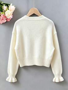 SHEIN Vintaside Kids 女童秋冬手工蝴蝶結針織長袖開襟毛衣，休閒日常穿著 - 白色 - 查看 6