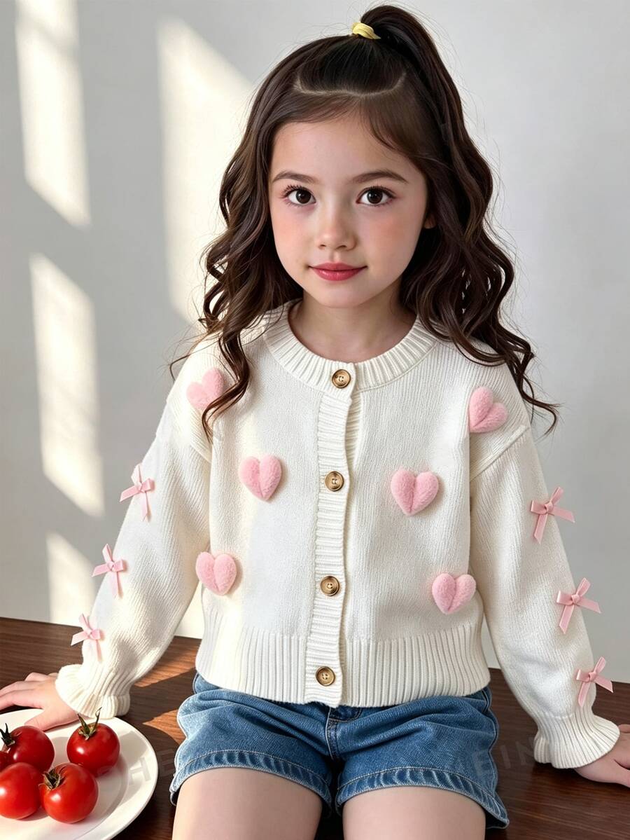 SHEIN Vintaside Kids 女童秋冬手工蝴蝶結針織長袖開襟毛衣，休閒日常穿著 - 白色 - 查看 1