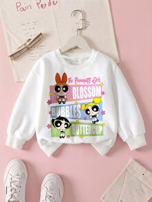 THE POWERPUFF GIRLS X SHEIN 女童字母卡通印花圓領長袖運動衫 - 白色 - 查看 1