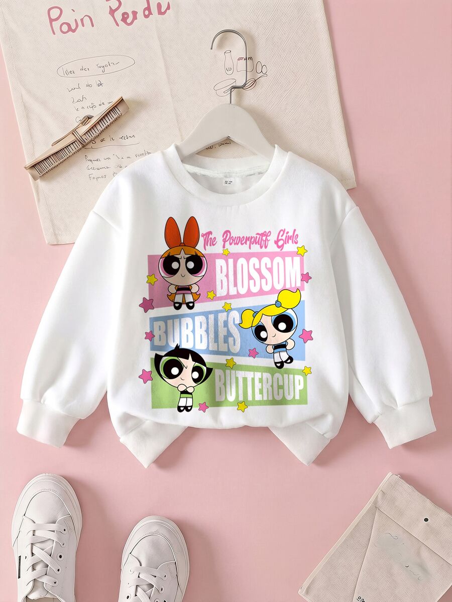 THE POWERPUFF GIRLS X SHEIN 女童字母卡通印花圓領長袖運動衫 - 白色 - 查看 1