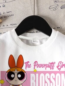 THE POWERPUFF GIRLS X SHEIN 女童字母卡通印花圓領長袖運動衫 - 白色 - 查看 4