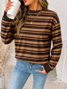 SHEIN LUNE 女款休閒條紋拼色棕色返校衛衣，適合秋冬穿搭，女性秋季造型 - 白色 - 查看 6