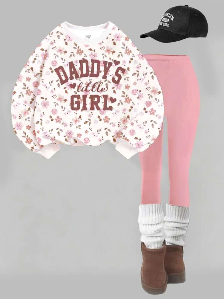 Soft Mist Lotus Pink, Cute Sweet Letter "Daddy's Girl"❤ Bohemian Soft Floral Pattern, Girls' Casual Comfortable Loose Crew Neck Sweatshirt & Leggings 2 Pieces Set, Suitable For Autumn/Winter Daily, Campus, Parent-Child, Sister Outfits, Autumn Atmosphere, Perfect Birthday Gift From Dad To Daughter - Multicolor - View 3