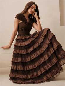 Anewsta Women's Brown Elegant Fitted Twisted Knit Top With Mesh Patchwork Ruffle Tiered Long Dress - Brown - View 1