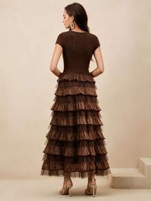 Anewsta Women's Brown Elegant Fitted Twisted Knit Top With Mesh Patchwork Ruffle Tiered Long Dress - Brown - View 6