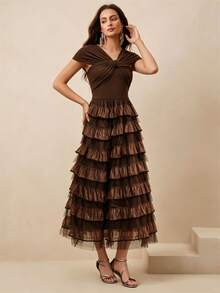 Anewsta Women's Brown Elegant Fitted Twisted Knit Top With Mesh Patchwork Ruffle Tiered Long Dress - Brown - View 4