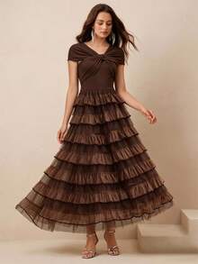 Anewsta Women's Brown Elegant Fitted Twisted Knit Top With Mesh Patchwork Ruffle Tiered Long Dress - Brown - View 5
