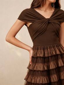 Anewsta Women's Brown Elegant Fitted Twisted Knit Top With Mesh Patchwork Ruffle Tiered Long Dress - Brown - View 2