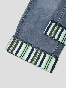 GlowEve CURVE Celana Jeans Denim Saku Kancing Motif Garis-Garis Patchwork Ukuran Besar - Medium Wash - View 5