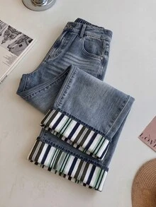 GlowEve CURVE Celana Jeans Denim Saku Kancing Motif Garis-Garis Patchwork Ukuran Besar - Medium Wash - View 2