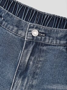 GlowEve CURVE Celana Jeans Denim Saku Kancing Motif Garis-Garis Patchwork Ukuran Besar - Medium Wash - View 6
