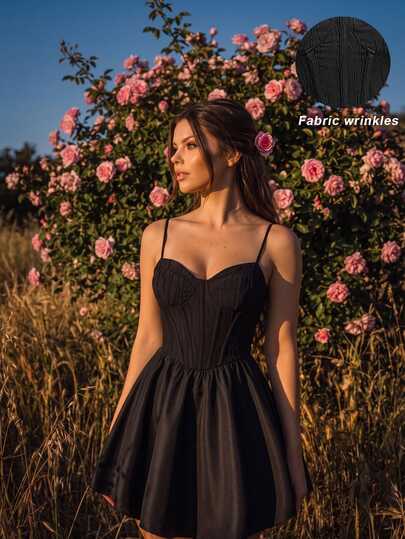 SHEIN MOD Classic Black Cami Short Dress For Women With Ruched Bust And Flowy Skirt Ideal For Date Nights And Special Occasions,Party, Halloween, Birthday Party