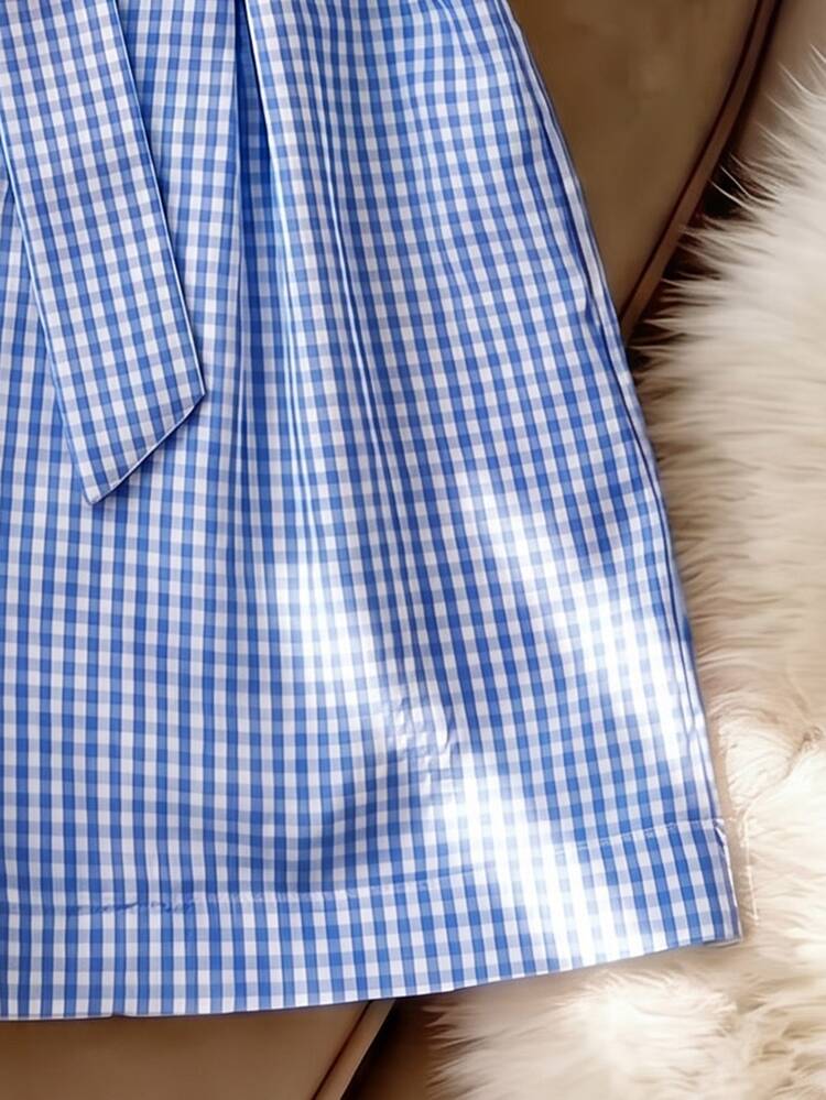 SHEIN Franclia Women's Spring/Summer French Elegant Minimalist Lapel Short Sleeve Embroidered Belt Waist Cropped Casual Blue Striped Jumpsuit - Blue and White - View 6
