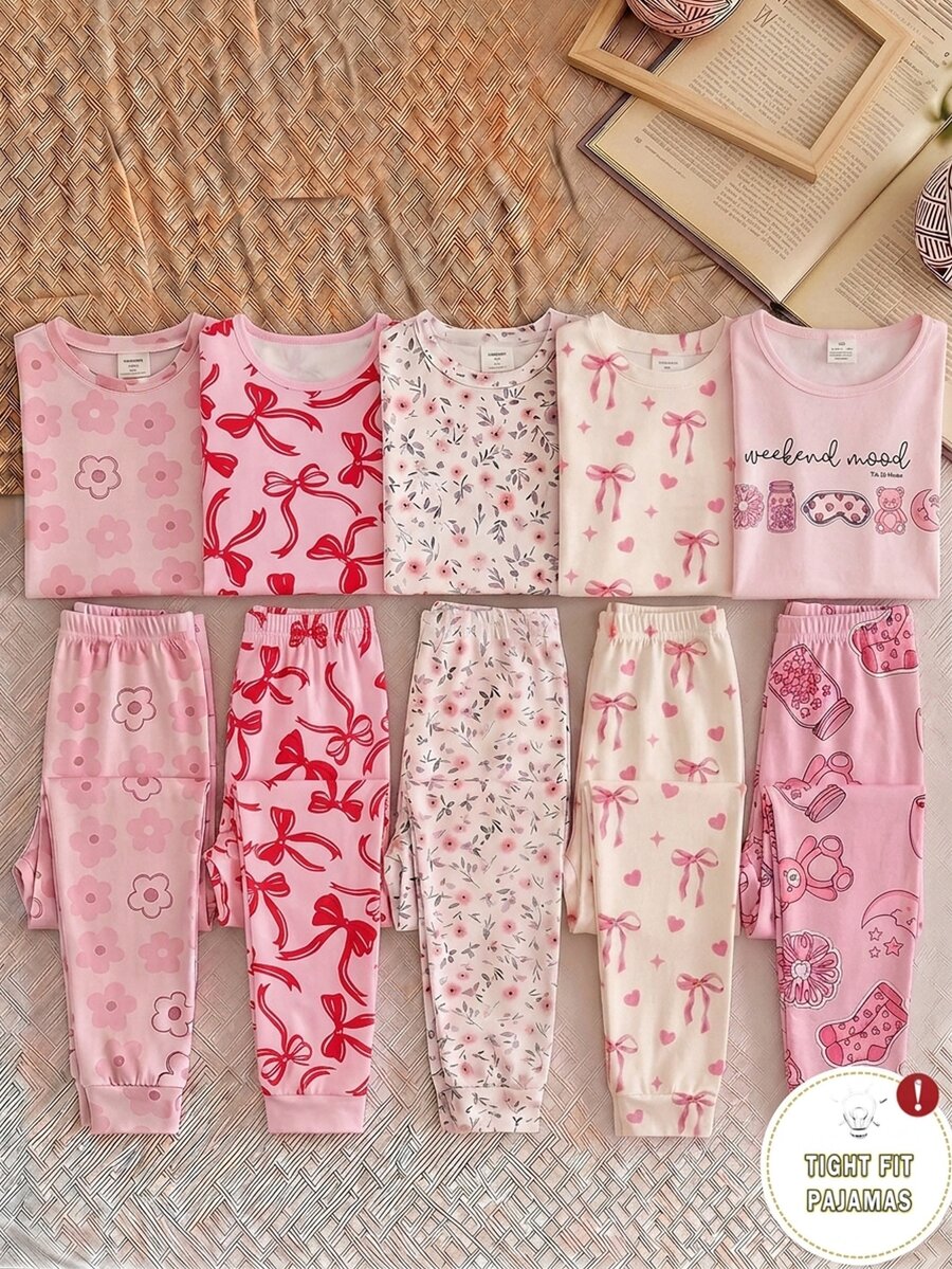 青少年女孩粉色長袖長褲修身居家服 - 粉色 - 查看 1