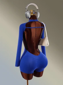 Amplova Women's Solid Color Round Neck Open Back Design Athletic Tight Jumpsuit - Blue - View 3