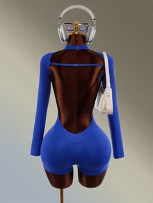 Amplova Women's Solid Color Round Neck Open Back Design Athletic Tight Jumpsuit - Blue - View 11