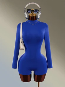 Amplova Women's Solid Color Round Neck Open Back Design Athletic Tight Jumpsuit - Blue - View 4
