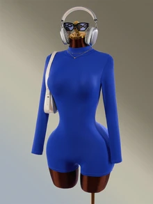 Amplova Women's Solid Color Round Neck Open Back Design Athletic Tight Jumpsuit - Blue - View 5
