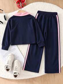 SHEIN 女童學院風 Polo 領兩件套，海軍藍撞色翻領 V 領長袖上衣 + 高腰寬腿褲，經典臘腸狗卡通圖案印花休閒套裝，寬鬆舒適，春夏秋冬百搭運動風，適合日常上學與外出 - 藏蓝色 - 查看 2