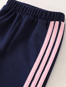 SHEIN 女童學院風 Polo 領兩件套，海軍藍撞色翻領 V 領長袖上衣 + 高腰寬腿褲，經典臘腸狗卡通圖案印花休閒套裝，寬鬆舒適，春夏秋冬百搭運動風，適合日常上學與外出 - 藏蓝色 - 查看 8