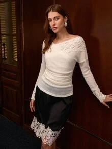 MOTF PREMIUM KAOS WANITA ELEGAN DENGAN RENDA KONTRAST MODE - Aprikot - View 7
