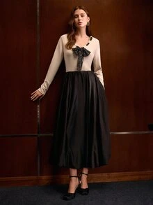 MOTF PREMIUM AUTUMN/WINTER ELEGANT ELEGANT COMMUTE DATE LUXURY ELASTIC KNIT POLKA DOT TIE V-NECK SLIM FIT WAIST-CINCHING CREAM WHITE WOMEN'S LONG SLEEVE T-SHIRT - Beige - View 6