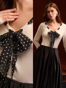 MOTF PREMIUM AUTUMN/WINTER ELEGANT ELEGANT COMMUTE DATE LUXURY ELASTIC KNIT POLKA DOT TIE V-NECK SLIM FIT WAIST-CINCHING CREAM WHITE WOMEN'S LONG SLEEVE T-SHIRT - Beige - View 8