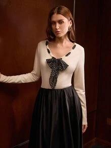 MOTF PREMIUM AUTUMN/WINTER ELEGANT ELEGANT COMMUTE DATE LUXURY ELASTIC KNIT POLKA DOT TIE V-NECK SLIM FIT WAIST-CINCHING CREAM WHITE WOMEN'S LONG SLEEVE T-SHIRT - Beige - View 7