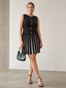 MOTF PREMIUM WOMEN'S PLUS SIZE COLORBLOCK BUTTON DECOR KNIT DRESS AUTUMN DINNER OFFICE BLACK ELEGANT - Black - View 5