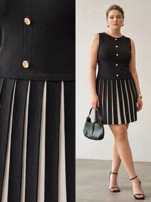 MOTF PREMIUM WOMEN'S PLUS SIZE COLORBLOCK BUTTON DECOR KNIT DRESS AUTUMN DINNER OFFICE BLACK ELEGANT - Black - View 8