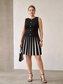 MOTF PREMIUM WOMEN'S PLUS SIZE COLORBLOCK BUTTON DECOR KNIT DRESS AUTUMN DINNER OFFICE BLACK ELEGANT - Black - View 6
