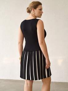 MOTF PREMIUM WOMEN'S PLUS SIZE COLORBLOCK BUTTON DECOR KNIT DRESS AUTUMN DINNER OFFICE BLACK ELEGANT - Black - View 3