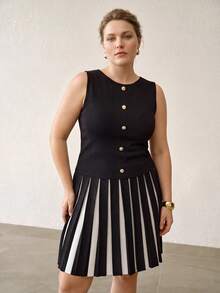 MOTF PREMIUM WOMEN'S PLUS SIZE COLORBLOCK BUTTON DECOR KNIT DRESS AUTUMN DINNER OFFICE BLACK ELEGANT - Black - View 7